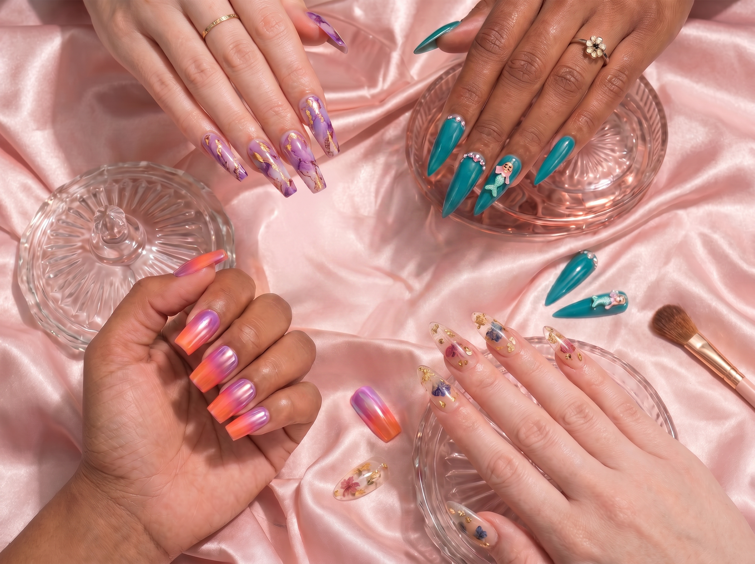 Ketanya Kosmetics press-on nail collection on pink satin